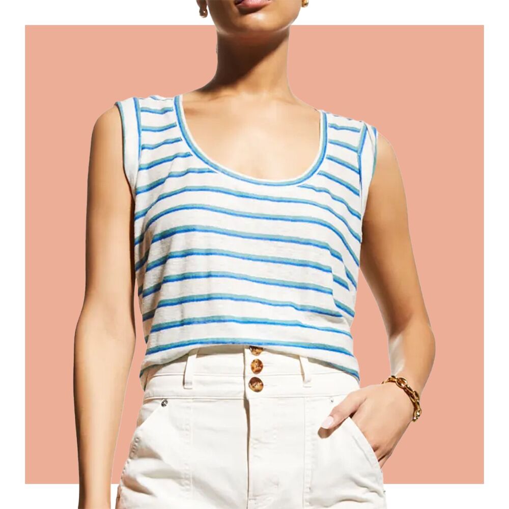 Veronica Beard Arion Muscle Tee Off-White with Green Blue Stripe T-shirt Size M